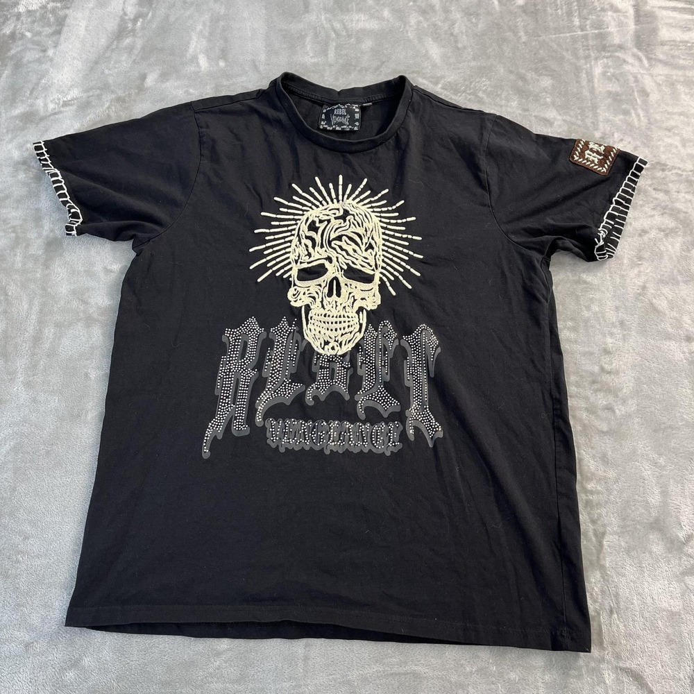 Rebel Vengeance Shirt Mens XL Black Skull Graphic Gothic Punk Embroidered Patch